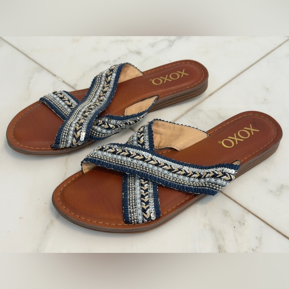 XOXO Ron Women’s 8 Crossover Blue Embellished Woven Flat Boho Summer Sandals EUC